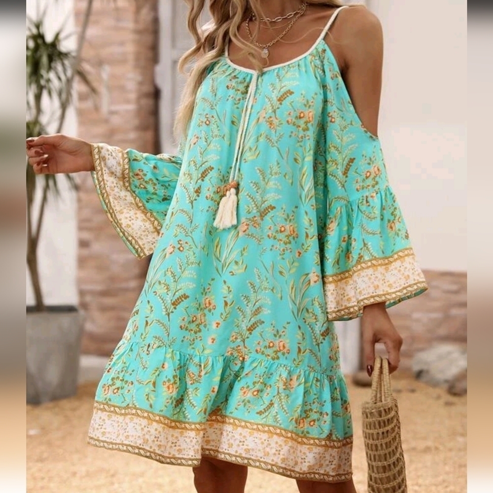 Floral Print Cold Shoulder Tassel Trim Ruffle Hem Dress - Picture 4 of 7